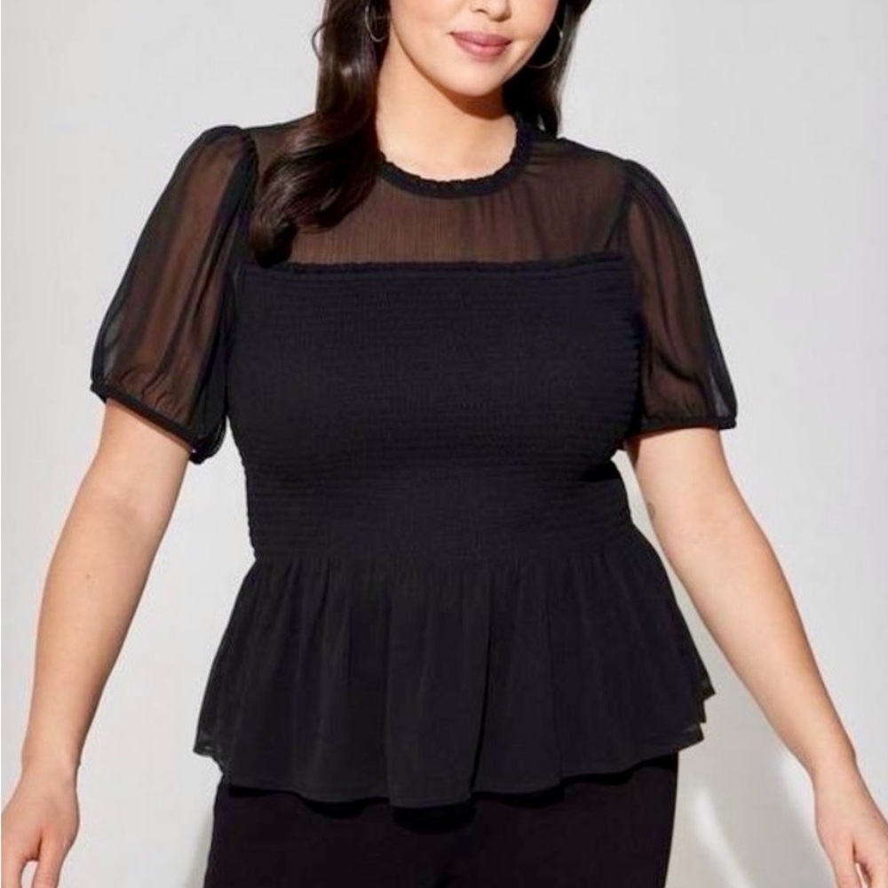 Torrid Black Chiffon Ruffle Smocked Blouse with Sheer Top - Size 2